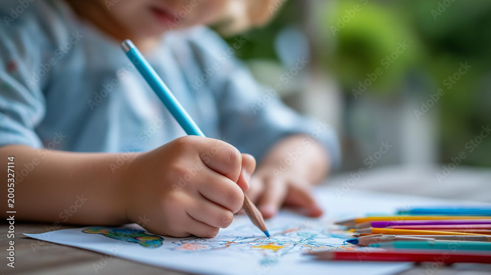 Naklejka premium Close-up of a child's hands drawing a star map on white paper, imagination and astronomy concept, creative childhood activity, children's day wonder, defocused background, with copy space