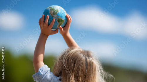 Close-up of child hands holding up a globe model toward a sky, world children's day concept, global awareness, young generation and earth, defocused background, with copy space