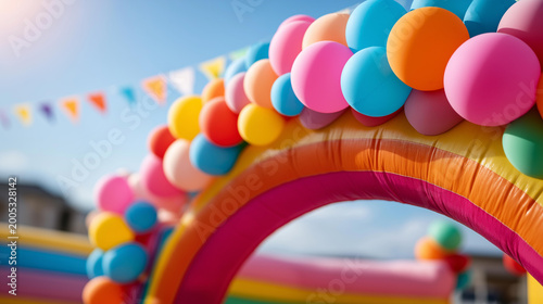 Close-up of a colorful inflatable bouncy castle entrance against a bright sky, children's party activity concept, playful event for kids, celebration fun, defocused background, with copy