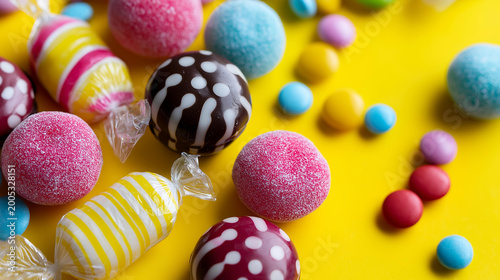 Overhead flat lay of colorful chocolates, lollipops and wrapped candies on a bright yellow background, children's day sweets concept, kids party treats, festive candy flat lay, with copy