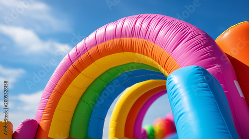Close-up of a colorful inflatable bouncy castle entrance against a bright sky, children's party activity concept, playful event for kids, celebration fun, defocused background, with copy