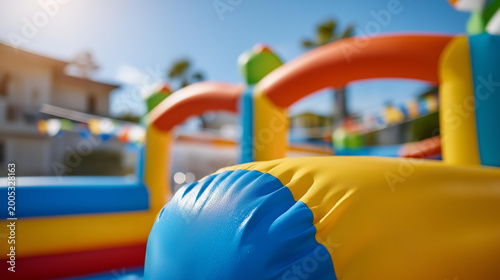 Close-up of a colorful inflatable bouncy castle entrance against a bright sky, children's party activity concept, playful event for kids, celebration fun, defocused background, with copy