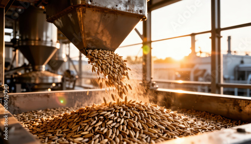Grains flow from a machine into a large container. The scene captures the industrial operation of grain processing at sunset, highlighting the golden grains.