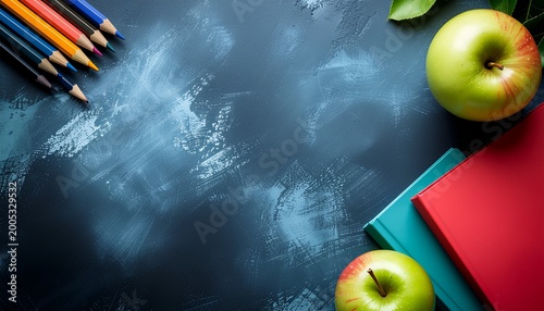 Education background with school supplies and large central copy space on blue artistic texture