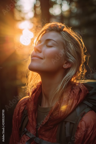 A woman in her late thirties, with blonde hair, hiking, is standing outside at sunrise in the woods.