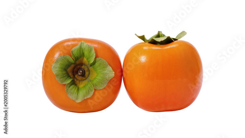 Slika na platnu Ripe Persimmons with Green Leaves and Calyxes