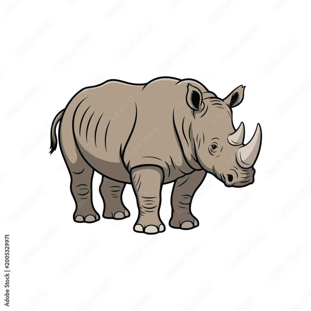 Fototapeta premium Realistic cartoon rhinoceros vector illustration with two horns