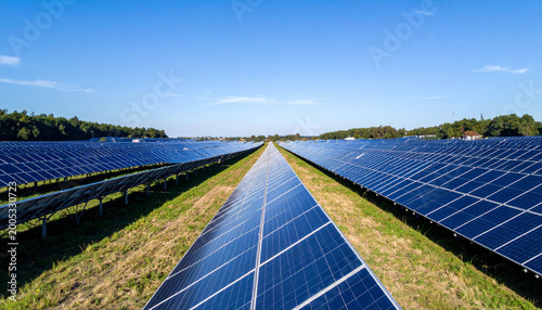 Solar panels in renewable energy field, photovoltaic system generating clean electricity in rural landscape under blue sky