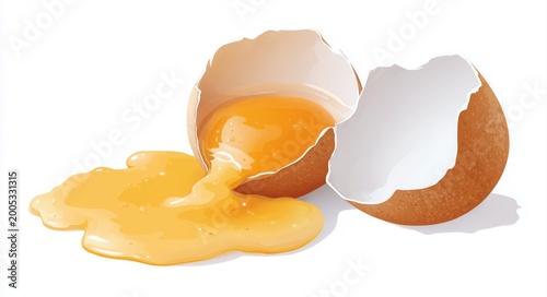 Cracked open eggshell with the yolk running out, a vector illustration on a white background.
