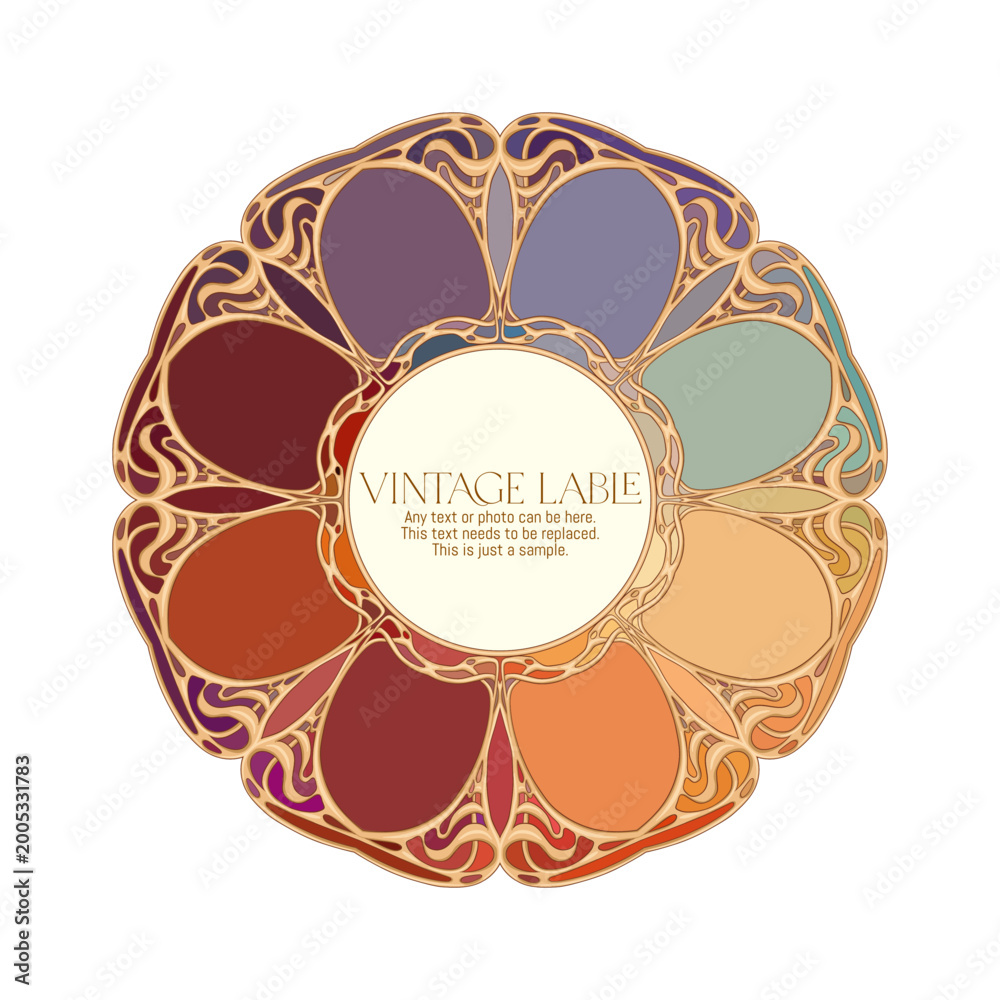 Naklejka premium Elegant Art Nouveau frames with swirling floral motifs in warm orange, gold, and beige tones. Ideal for vintage posters, labels, invitations, badges, and luxury graphic designs.