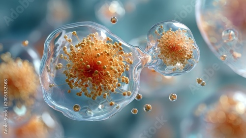 High resolution skincare visual of Lactobacillus probiotic spheres and micro-organism structures in clear serum supporting microbiome balance and skin barrier, clinical dermatology concept