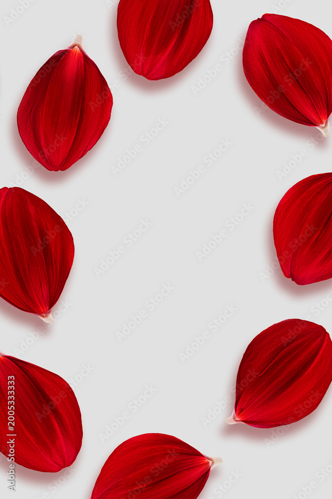 Fototapeta premium Modern floral pattern with red petals. Romantic red flower petal with rich texture for love themed design, greeting card, festive social media content, romance event invitation, packaging concept.