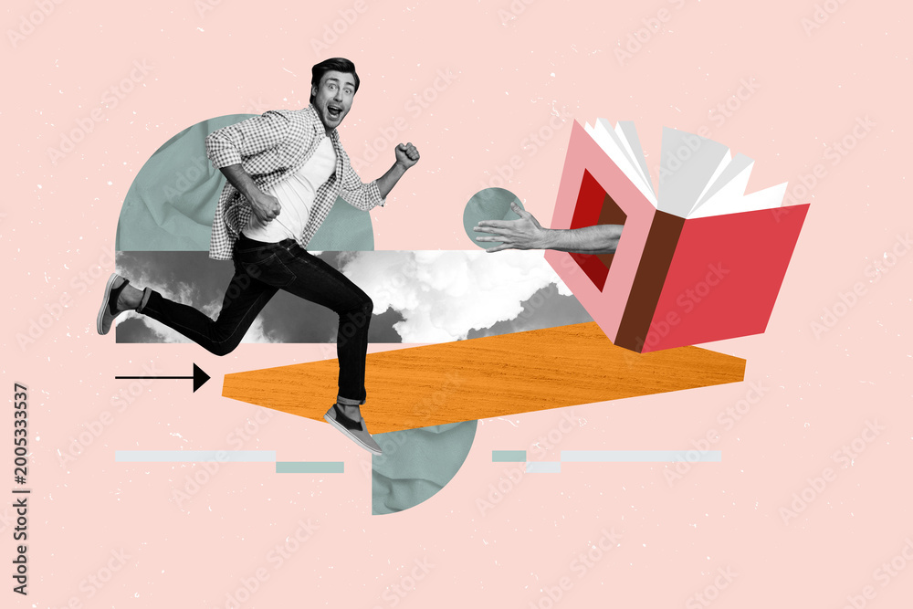Fototapeta premium Pop art collage of person run stand to paper book with hand on pink background