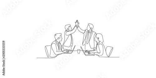 A line drawing of four businesspeople high fiving at a meeting with laptops
