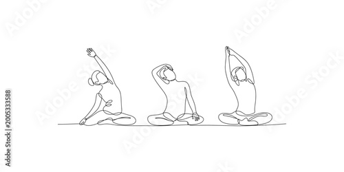 Continuous line drawing of three people sitting in various yoga poses on white background
