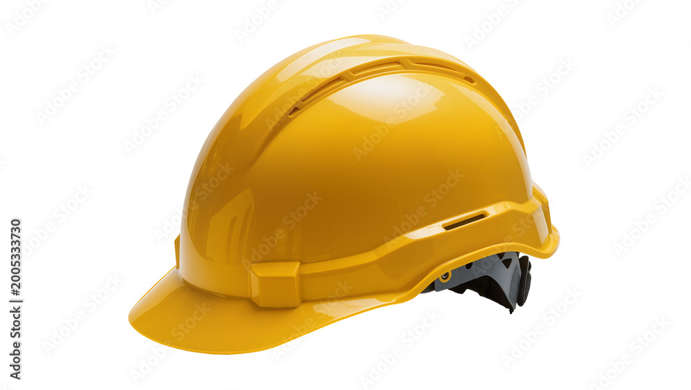Fototapeta premium Bright yellow hard hat with black chinstrap and ventilation slots