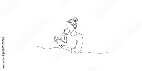 Photos Continuous line drawing of a woman reading a book and drinking coffee in a minim