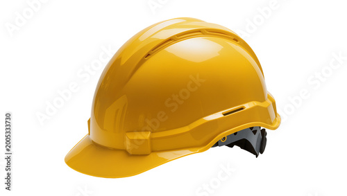 Photos Bright yellow hard hat with black chinstrap and ventilation slots
