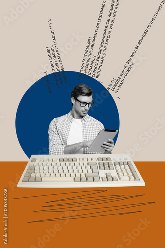 Vertical 3d zine collage of happy businesswoman businessman stand keypad wireless device freelancer desktop electronic qwerty