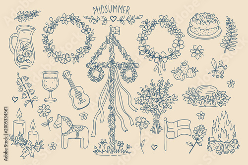 Tableau sur toile Hand drawn midsummer vector doodle set with Scandinavian symbils: maypole, flower crowns, wildflowers, berries, pie, dala horse