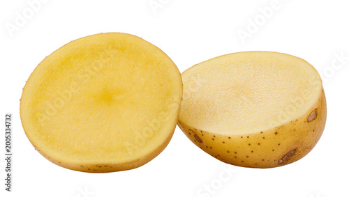 Schilderij op canvas Sliced raw potato halves showing flesh and skin texture