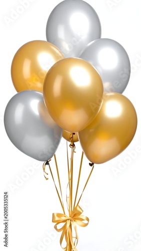 A cluster of shiny gold and silver balloons tied together
