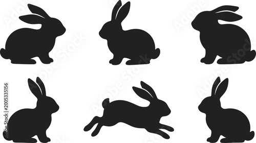A collection of black vector illustration silhouettes showing various cute rabbits in different poses for creative graphic design and seasonal holiday projects
