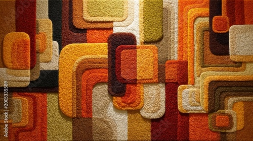 1970s inspired tapestry wall with retro orange, brown, and yellow abstract pattern, vintage minimalist interior design, mid century modern decorative textile, warm elegant room
