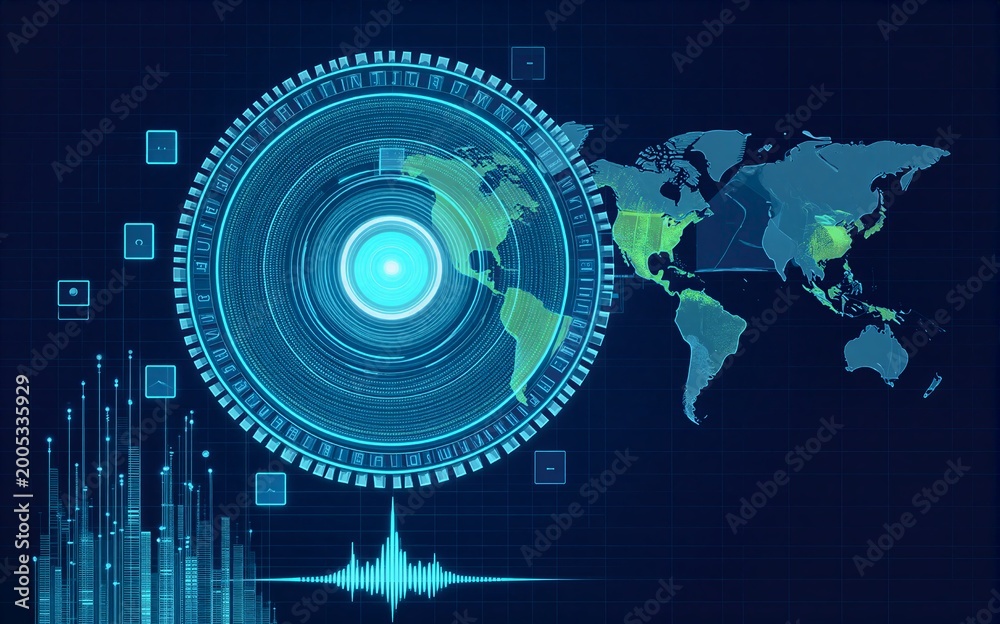 Obraz premium Digital globe with data analytics world map and sound waveform