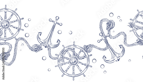 A seamless nautical border with an anchor, steering wheel, and rope. A nautical illustration, done in ink, for design, decor. A background themed around sea adventures for printing on paper, fabric