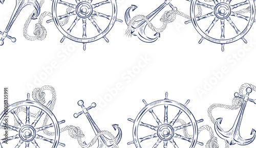 A horizontal vector frame with a nautical theme featuring an anchor, a ships wheel, and a rope. All objects are hand-drawn with ink. Suitable for invitation cards, invitations, and interior design.