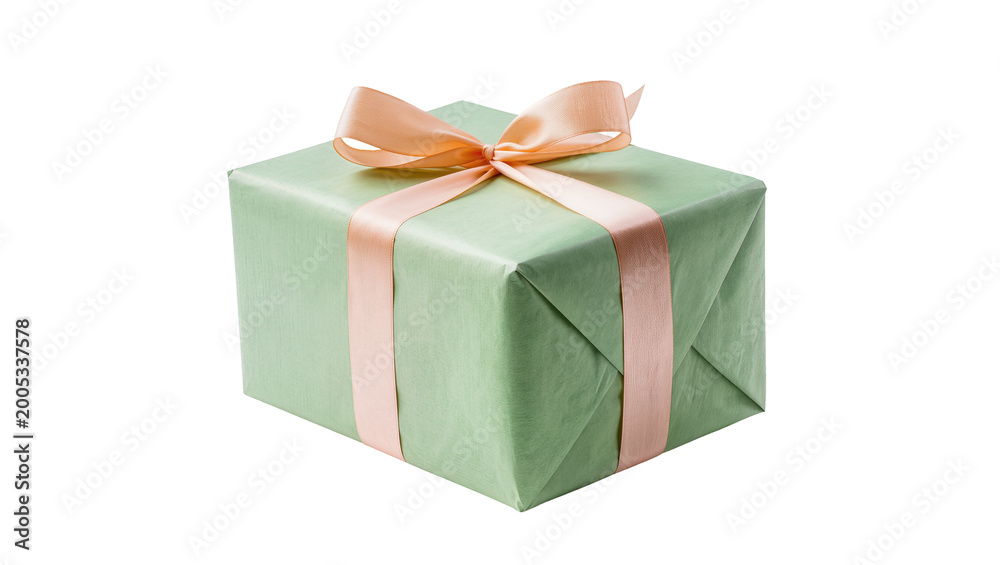 Obraz premium Pale green wrapped gift box with peach satin ribbon