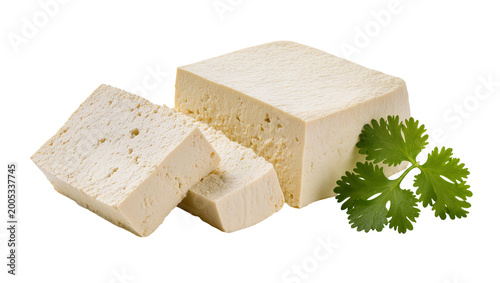 Cuadro en lienzo Creamy firm tofu cubes with fresh green cilantro sprigs