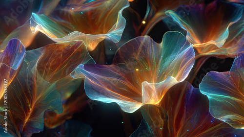 Spiritual flower spinning in neon colors concept. Colorful, translucent petals glow in a mesmerizing floral display.