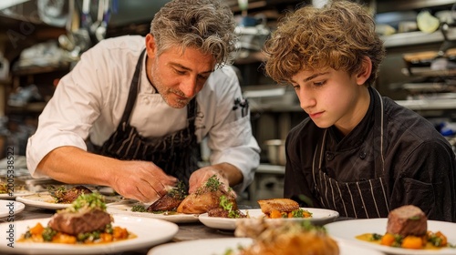Teenager learning professional cooking under chef mentorship in a restaurant kitchen, hands-on culinary training, skill development, apprenticeship, guided practice, modern culinary environment