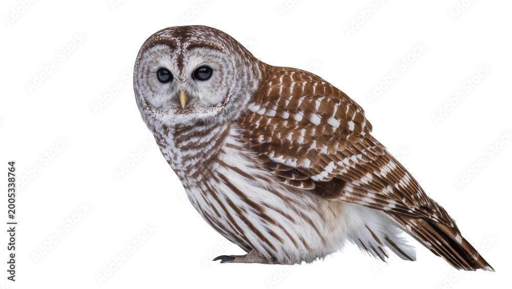 Obraz premium Barred Owl Facing Forward with Yellow Beak and Brown Feather Pattern