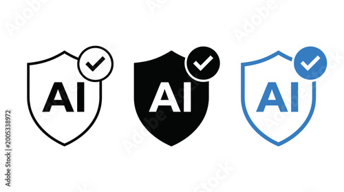 AI Shield Icons Set with Checkmarks in Black, White, and Blue for Security, Verification, and Authenticity