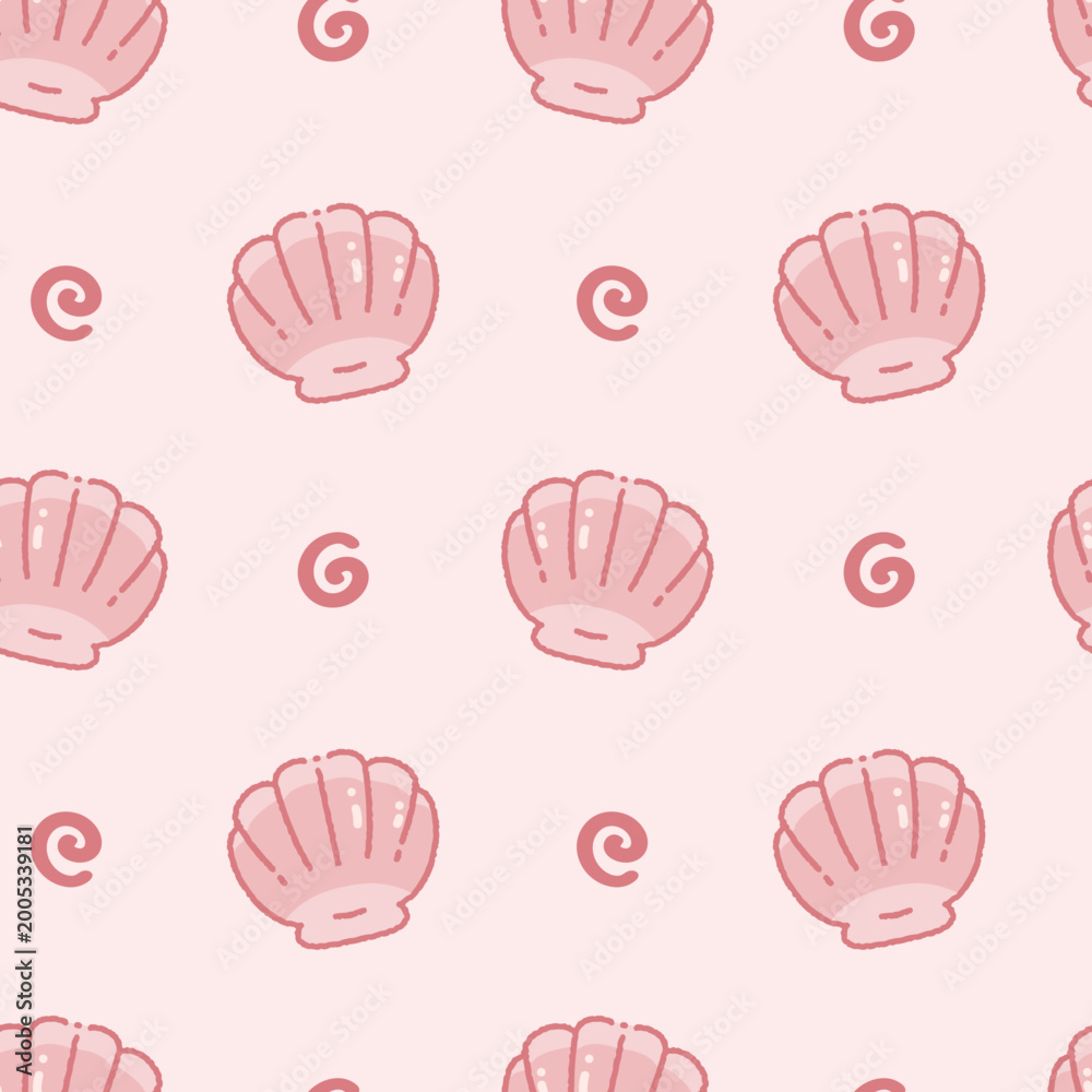 Fototapeta premium Cute Kawaii Cartoon pink seashell seamless pattern illustration