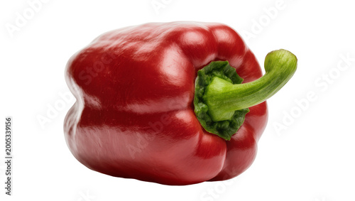Obraz na plátně Vibrant red bell pepper with green stem and calyx