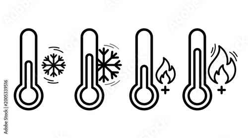 Set of five thermometer icons illustrating temperature scales from cold to hot with weather and climate symbols.