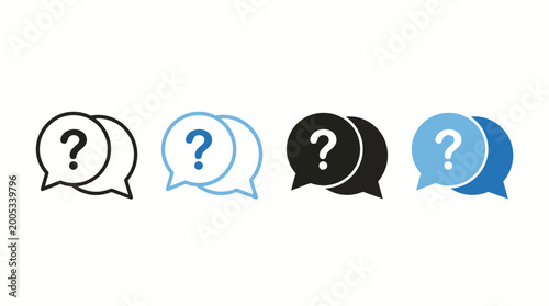 Four color-coded speech bubbles with question marks illustrating questions, inquiries, and customer support in a modern chat/FAQ concept.