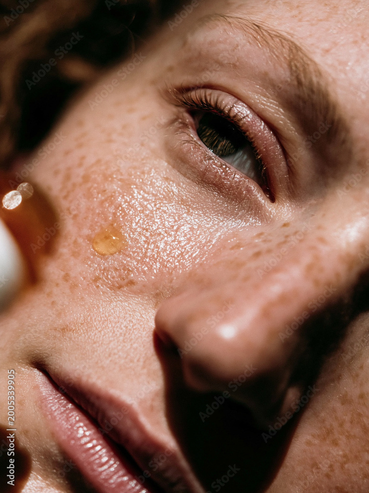 Naklejka premium Extreme close-up of a golden serum drop on freckled skin, macro shot of woman's face with focus on skin texture and hydration, professional cosmetic skincare concept