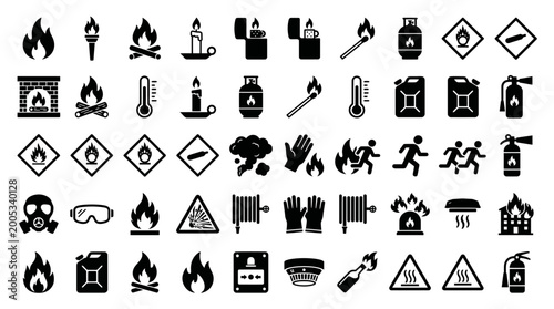 Comprehensive outdoor camping icons vector set with campfire, tents, gear, maps and trails for travel, hiking and nature design