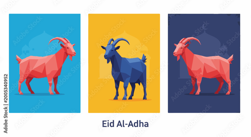 Obraz premium Polygonal graphic illustration features goats for Eid Al-Adha celebration.
