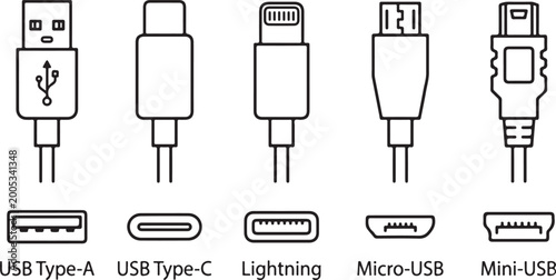 Fotografía Minimalist Cable Connector Outline Icons Set – USB Type-A, USB Type-C, Lightning, Micro USB, Mini USB with Ports Vector Line Illustration