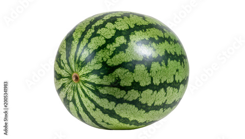 Billede på lærred Round striped watermelon with green rind and light stem