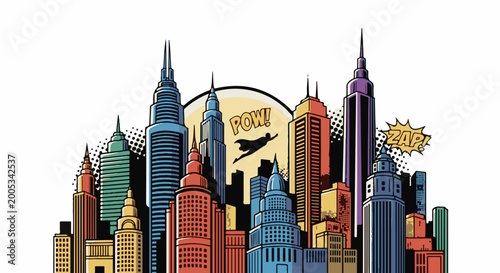 Comic style cityscape with a flying superhero between tall buildings