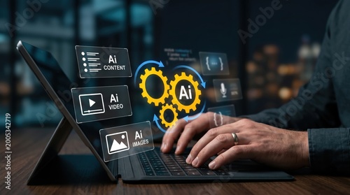 Person typing on laptop keyboard generating AI content, video and images, artificial intelligence technology concept with floating icons representing machine learning algorithms
