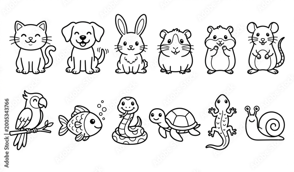Fototapeta premium Cute pet outline bundle coloring book vector animals set