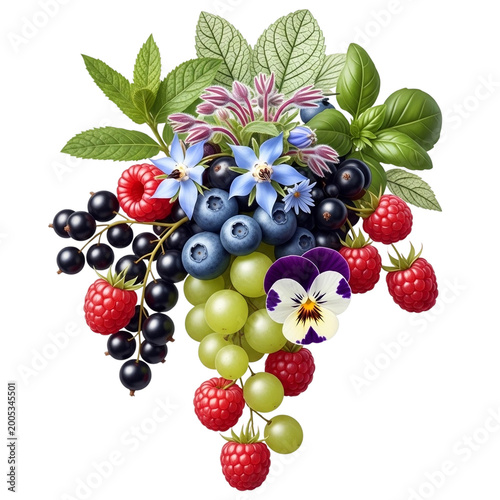Fresh berries and grapes with mint leaves and flowers isolated on transparent background